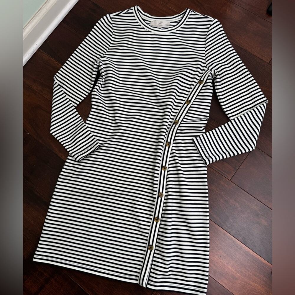 Loft Striped Side Button Long Sleeve Mini Dress Size Small Petite (SP) - Picture 9 of 11
